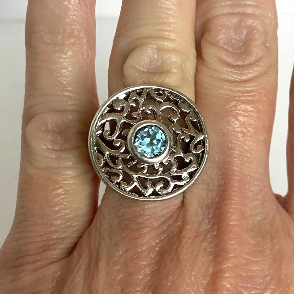 Sterling Silver 925 Round Blue Topaz Scrollwork Wide Band Statement Ring Sz 5.75